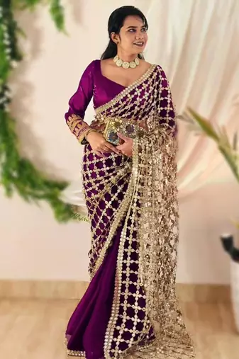 wine silk blend ready made saree with mirror work