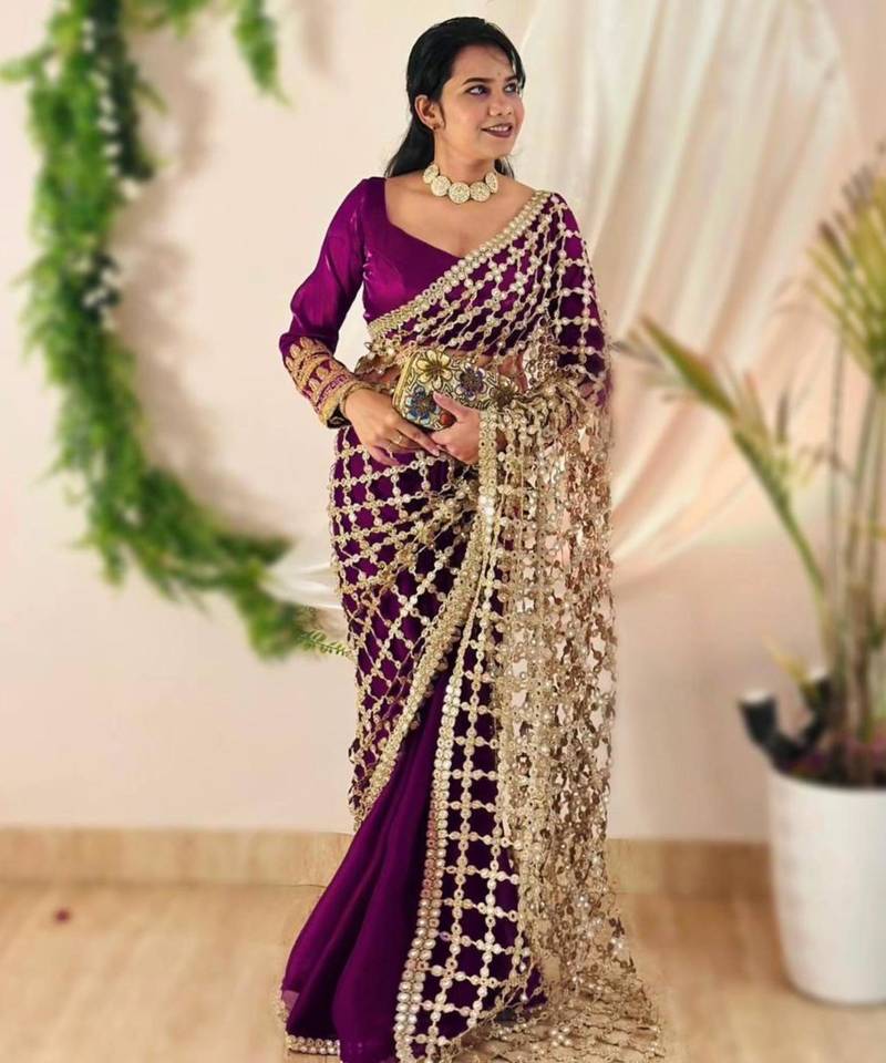 Wine silk blend ready to wear saree with mirror work