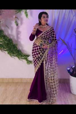 wine silk blend ready made saree with mirror work 2