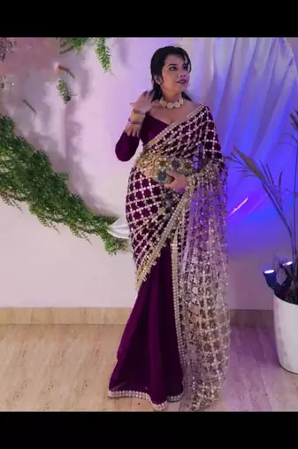 wine silk blend ready made saree with mirror work
