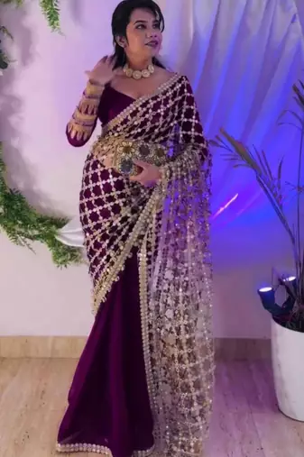 wine silk blend ready made saree with mirror work