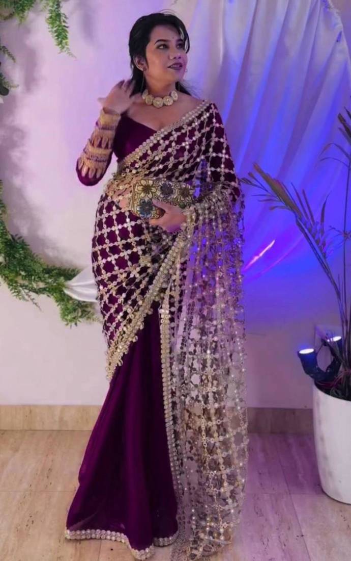 Wine silk blend ready to wear saree with mirror work