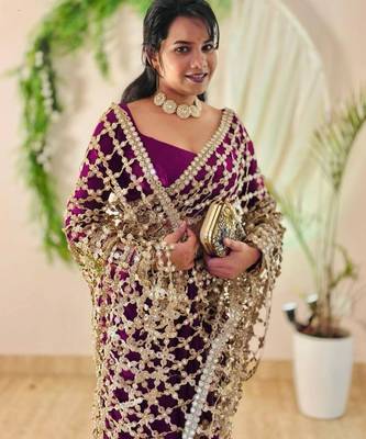 wine silk blend ready made saree with mirror work 4