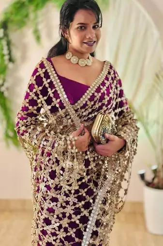 wine silk blend ready made saree with mirror work