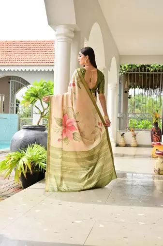 Peach silk blend floral printed saree