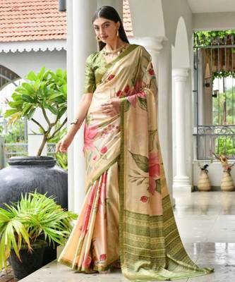 Peach silk blend floral printed saree 2
