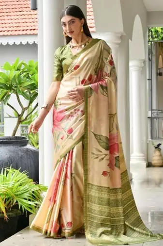 Peach silk blend floral printed saree