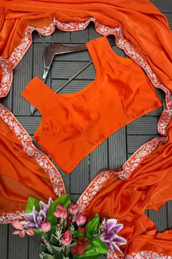 orange silk blend pre-stitched saree with jacket