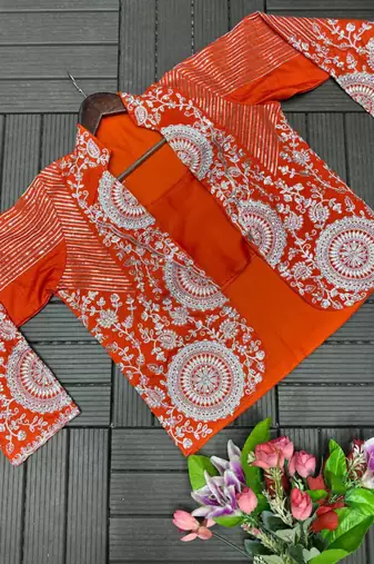 orange silk blend pre-stitched saree with jacket