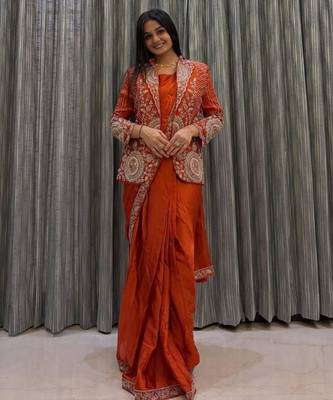 orange silk blend pre-stitched saree with jacket 1