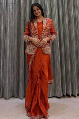 Orange silk blend ready to wear saree with jacket
