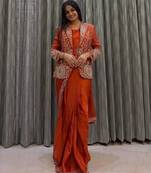 Orange silk blend ready to wear saree with jacket