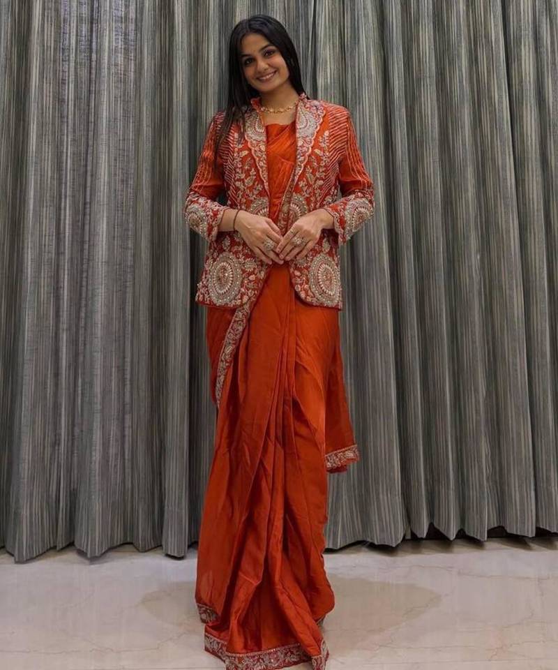 Orange silk blend ready to wear saree with jacket