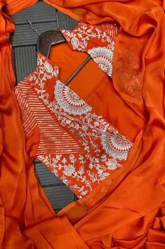 orange silk blend pre-stitched saree with jacket