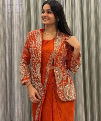 orange silk blend pre-stitched saree with jacket 5