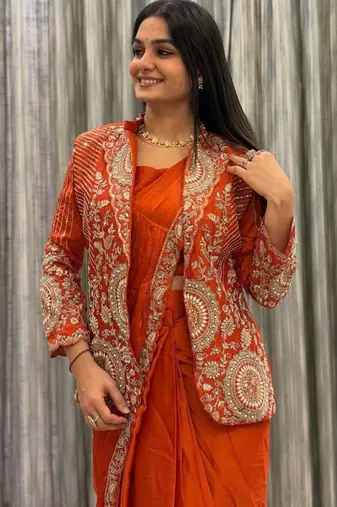orange silk blend pre-stitched saree with jacket