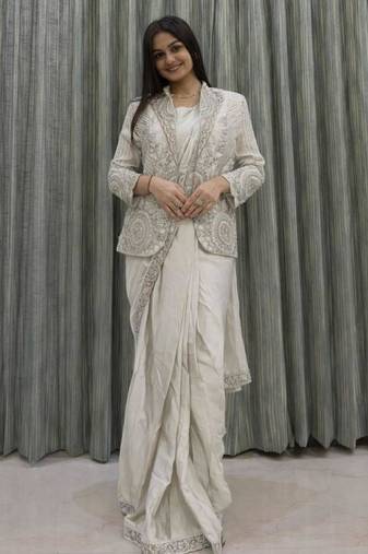 Off white fusion ready to wear saree with jacket