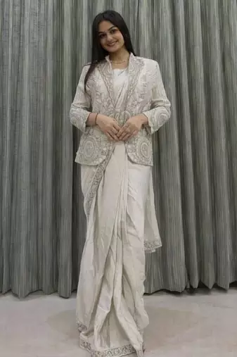 Off white fusion ready to wear saree with jacket