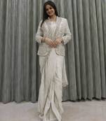 Off white fusion ready to wear saree with jacket
