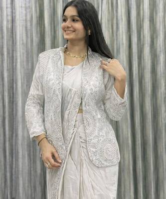 off white fusion ready to wear saree with jacket 2