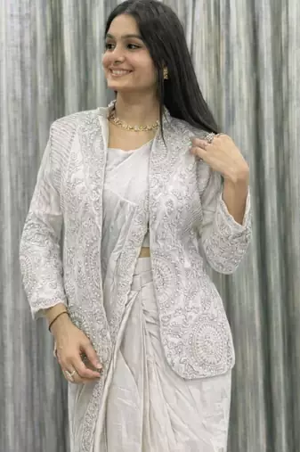 off white fusion ready to wear saree with jacket