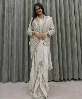 off white fusion ready to wear saree with jacket 5