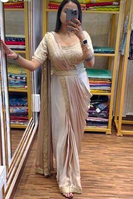 cream fusion pre draped saree with embroidered blouse 1