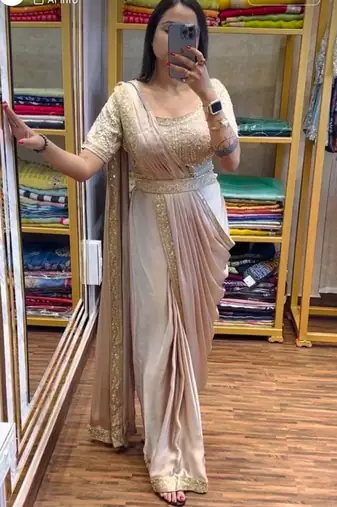 Cream fusion ready to wear saree with embroidered blouse