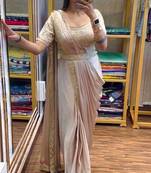 Cream fusion ready to wear saree with embroidered blouse