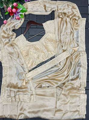cream fusion pre draped saree with embroidered blouse 2