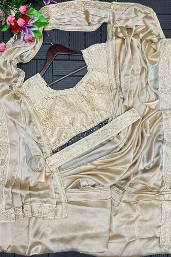 cream fusion pre draped saree with embroidered blouse
