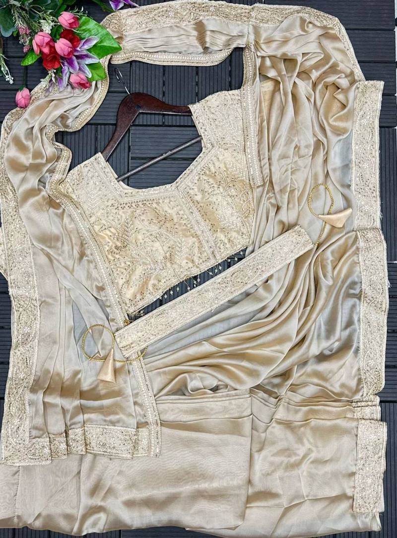 Cream fusion ready to wear saree with embroidered blouse