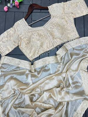 cream fusion pre draped saree with embroidered blouse 3