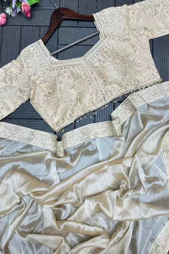 cream fusion pre draped saree with embroidered blouse