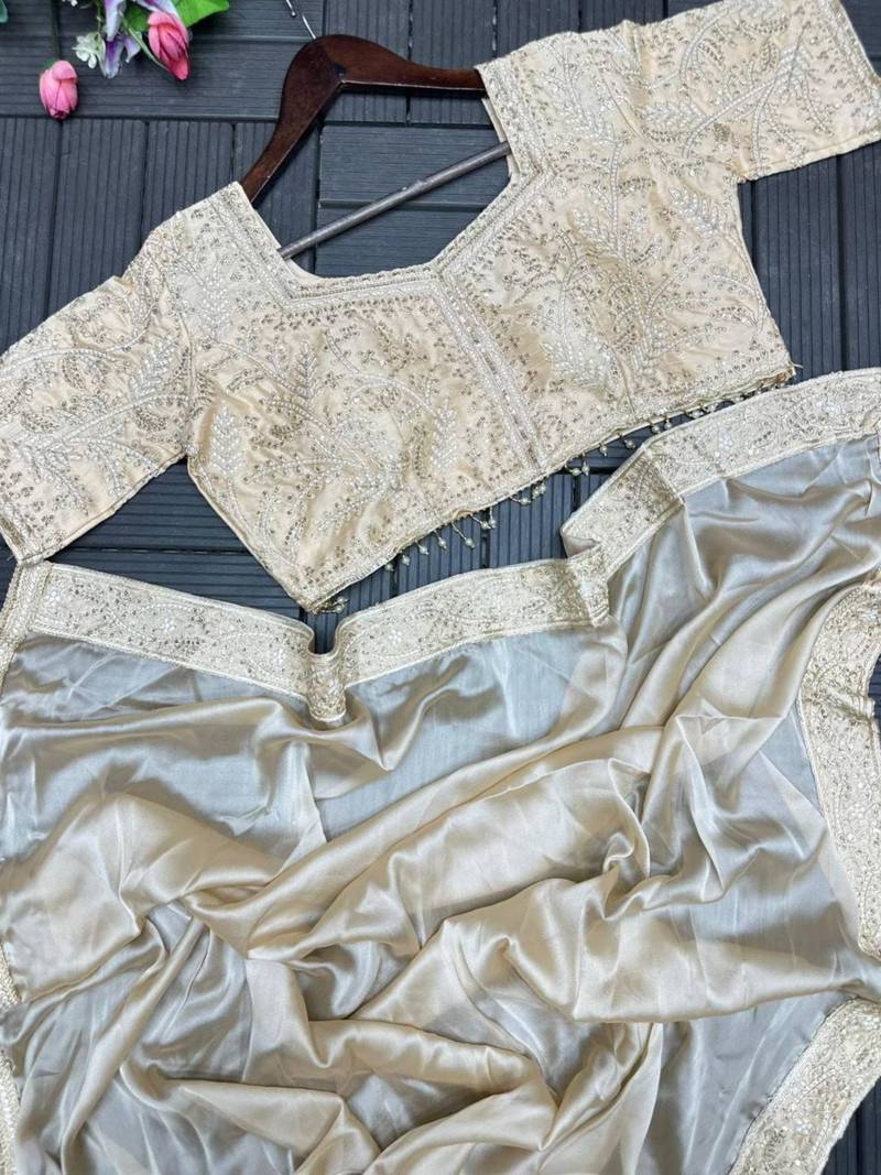Cream fusion ready to wear saree with embroidered blouse