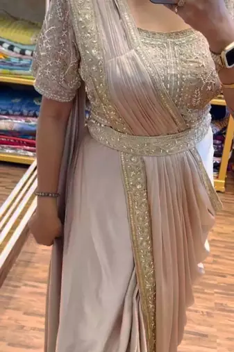 cream fusion pre draped saree with embroidered blouse