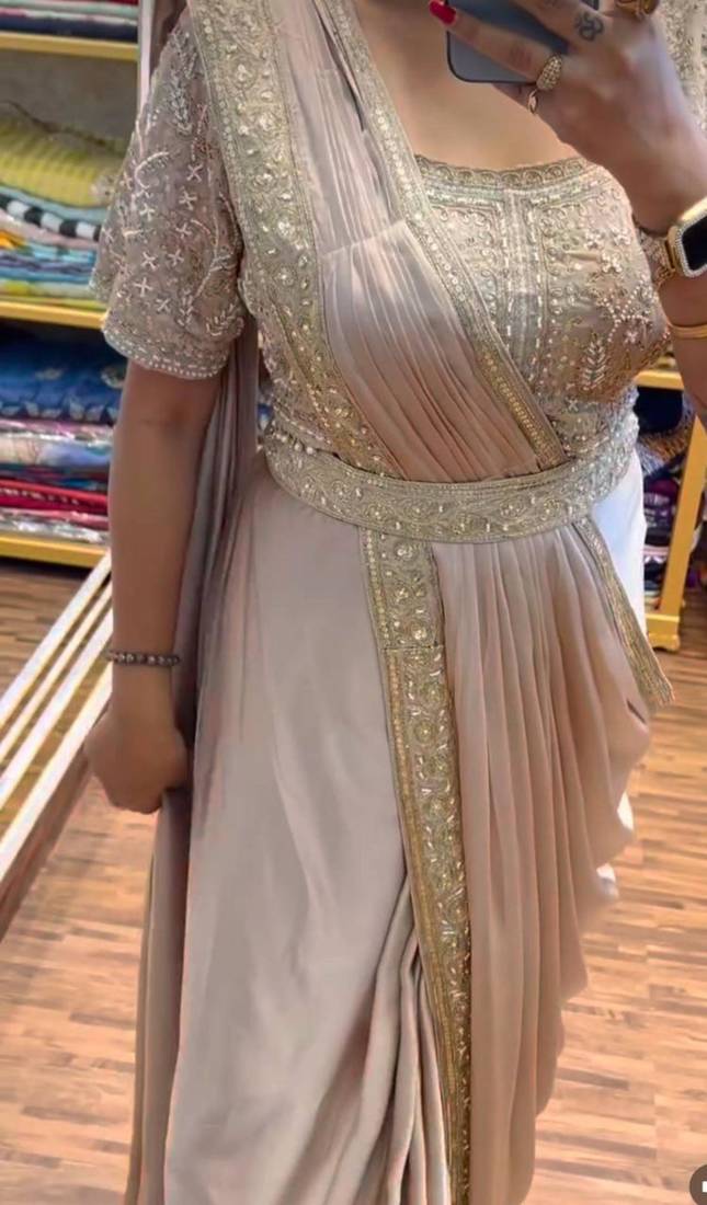 Cream fusion ready to wear saree with embroidered blouse