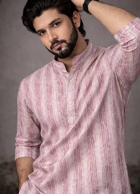 Pink color linen fabric smart and casual short kurta for men's 1