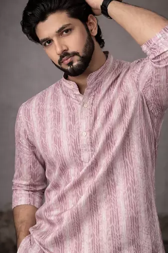 Pink color linen fabric smart and casual short kurta for men's
