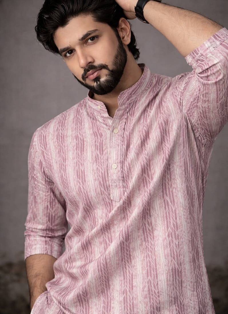Pink color linen fabric smart and casual short kurta for men's