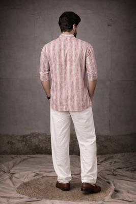 Pink color linen fabric smart and casual short kurta for men's 2