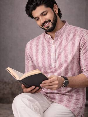 Pink color linen fabric smart and casual short kurta for men's 3