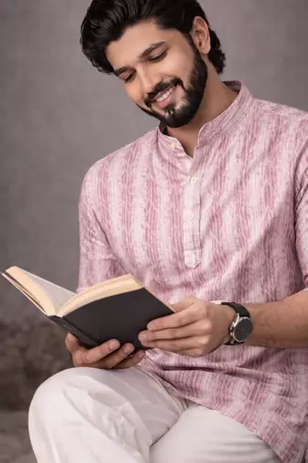 Pink color linen fabric smart and casual short kurta for men's