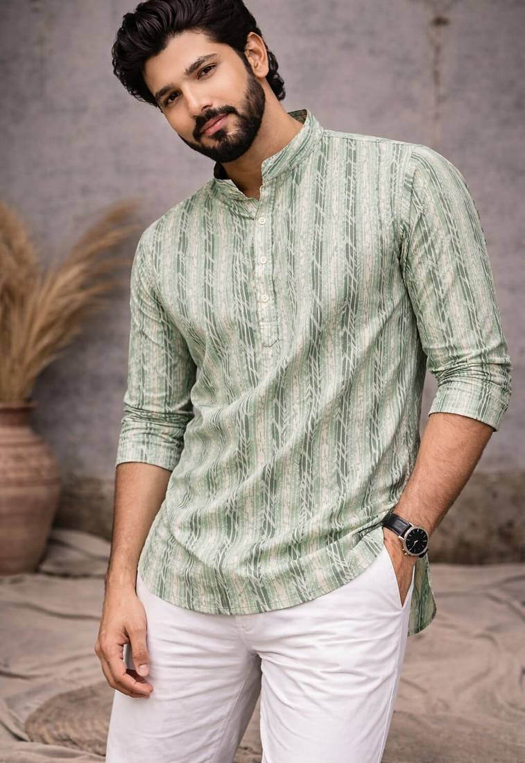 Green color linen fabric smart and casual short kurta for men's