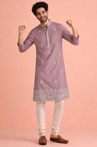 Lavendar color designer embroidered men's ceremonial kurta payjama