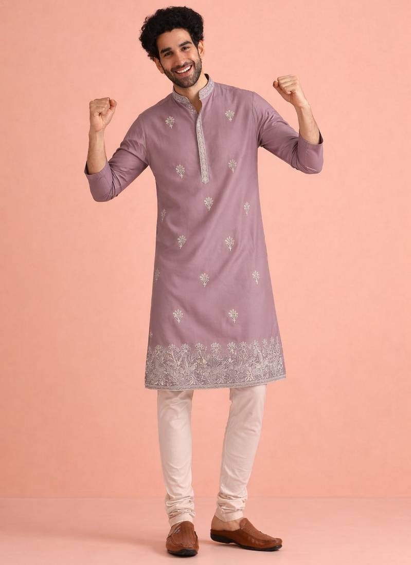 Lavendar color designer embroidered men's ceremonial kurta payjama