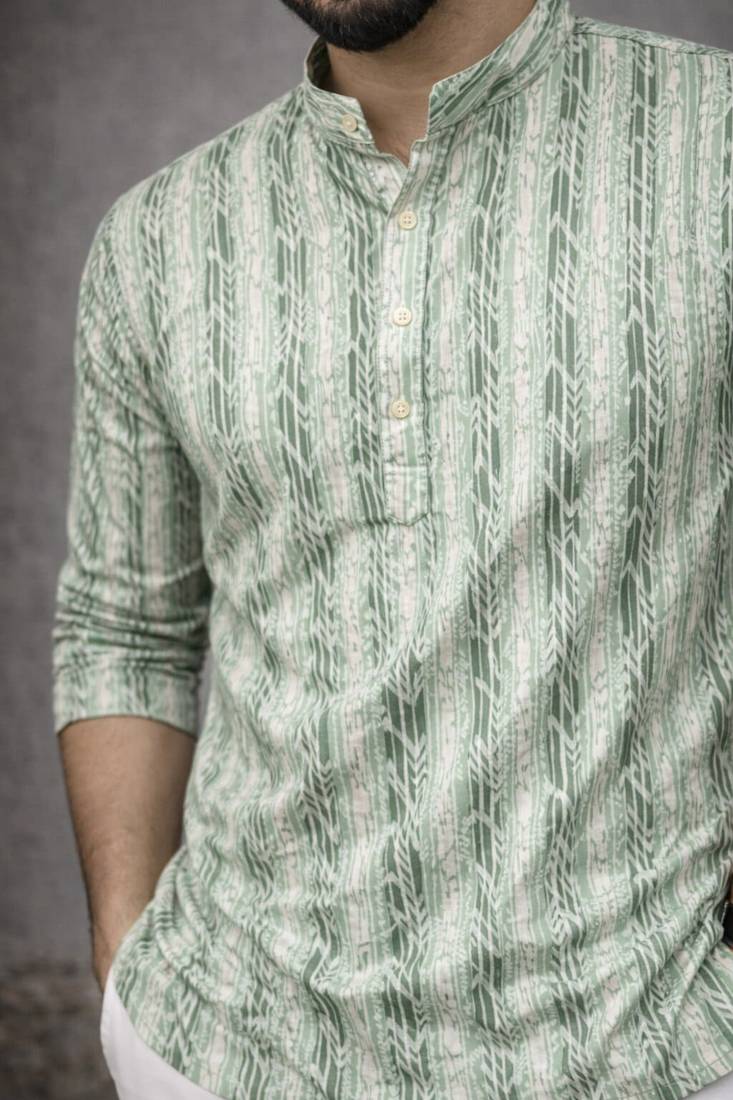Green color linen fabric smart and casual short kurta for men's