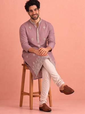 Lavendar color designer embroidered men's ceremonial kurta payjama 3