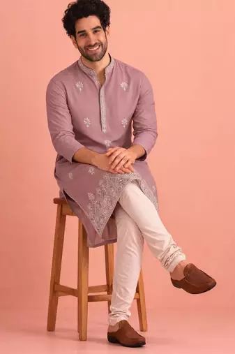 Lavendar color designer embroidered men's ceremonial kurta payjama