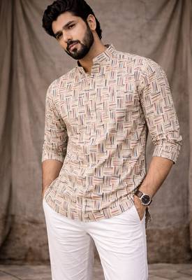 White color linen fabric smart and casual short kurta for men's 1